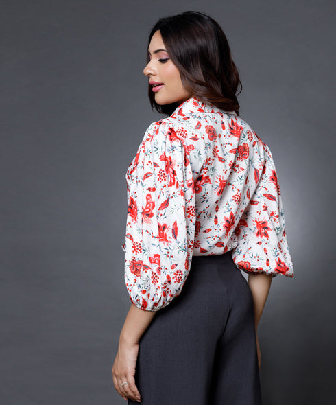 Puffed sleeve button through printed blouse